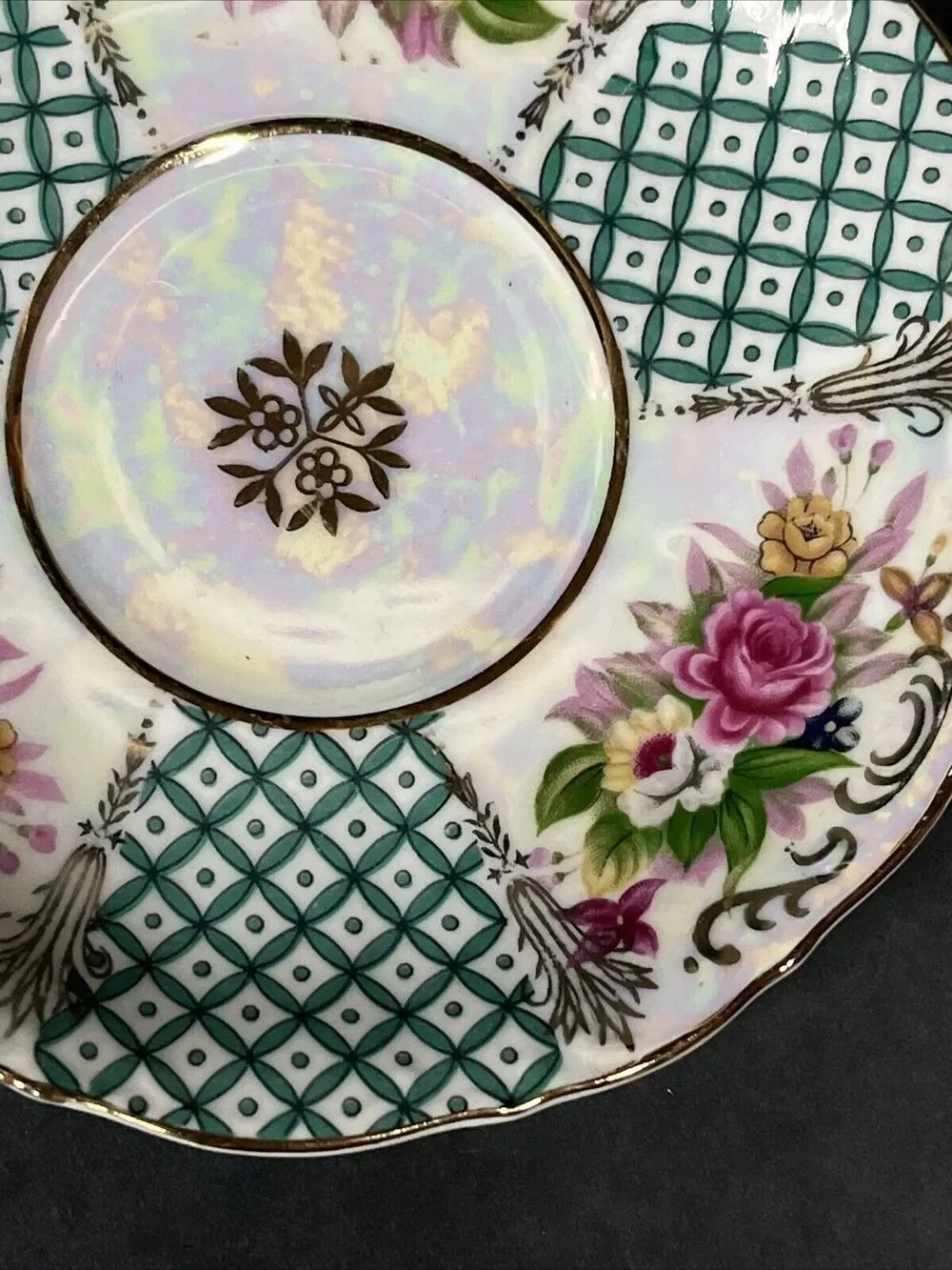 VTG L M Royal Halsey Very Fine Teacup & Saucer Floral Pink Green Gold Iridescent